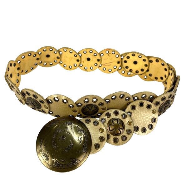 NY&C Wide Boho Brass Metal Accents Disc Leather Belt Y2k Grunge Small - Picture 3 of 8
